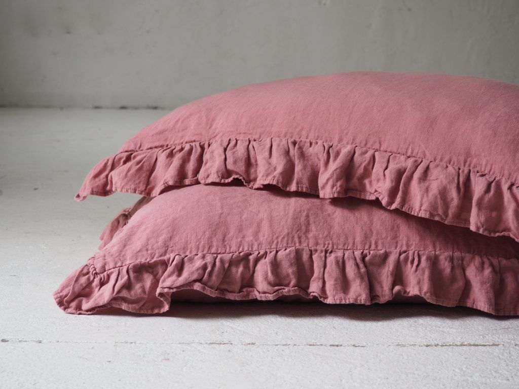 Linen pillow cases with frill - Dusty Pink