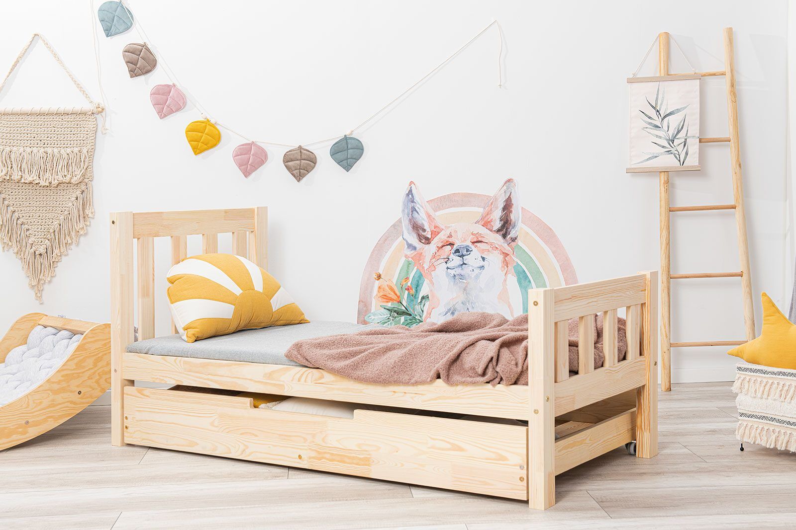 In the photo: Children’s bed Topo 160x80cm with legs extended by 20cm and drawer
