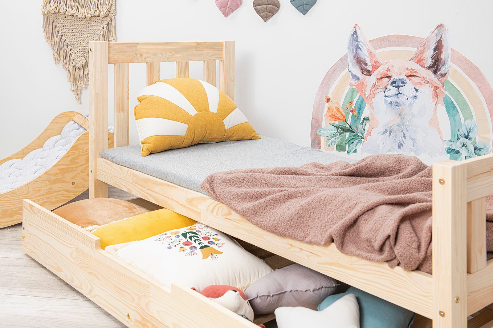 In the photo: Children’s bed Topo 160x80cm with legs extended by 20cm and drawer