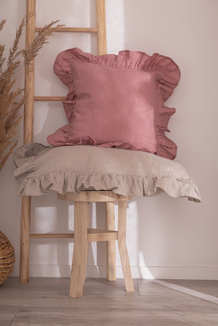 Linen Pillow Cases with a frill - Dusty pink, Natural linen