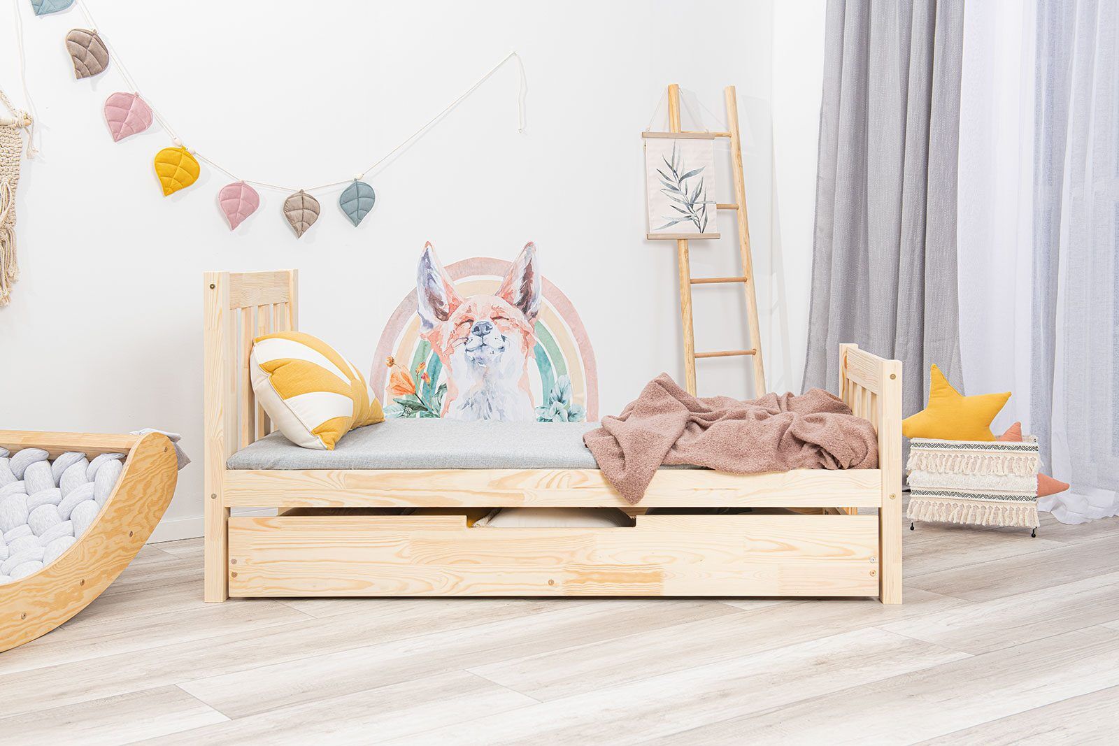 In the photo: Children’s bed Topo 160x80cm with legs extended by 20cm and drawer