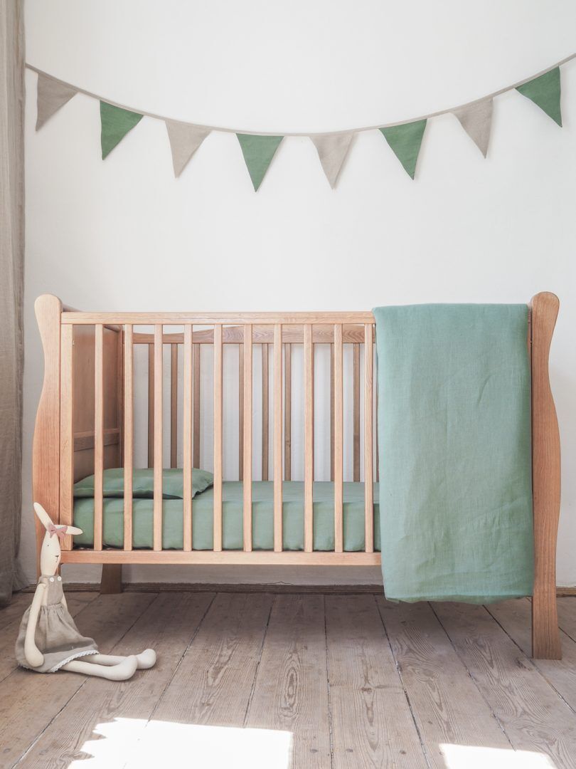 Linen Baby Bedding Set Classic, Colour: Eucalyptus green