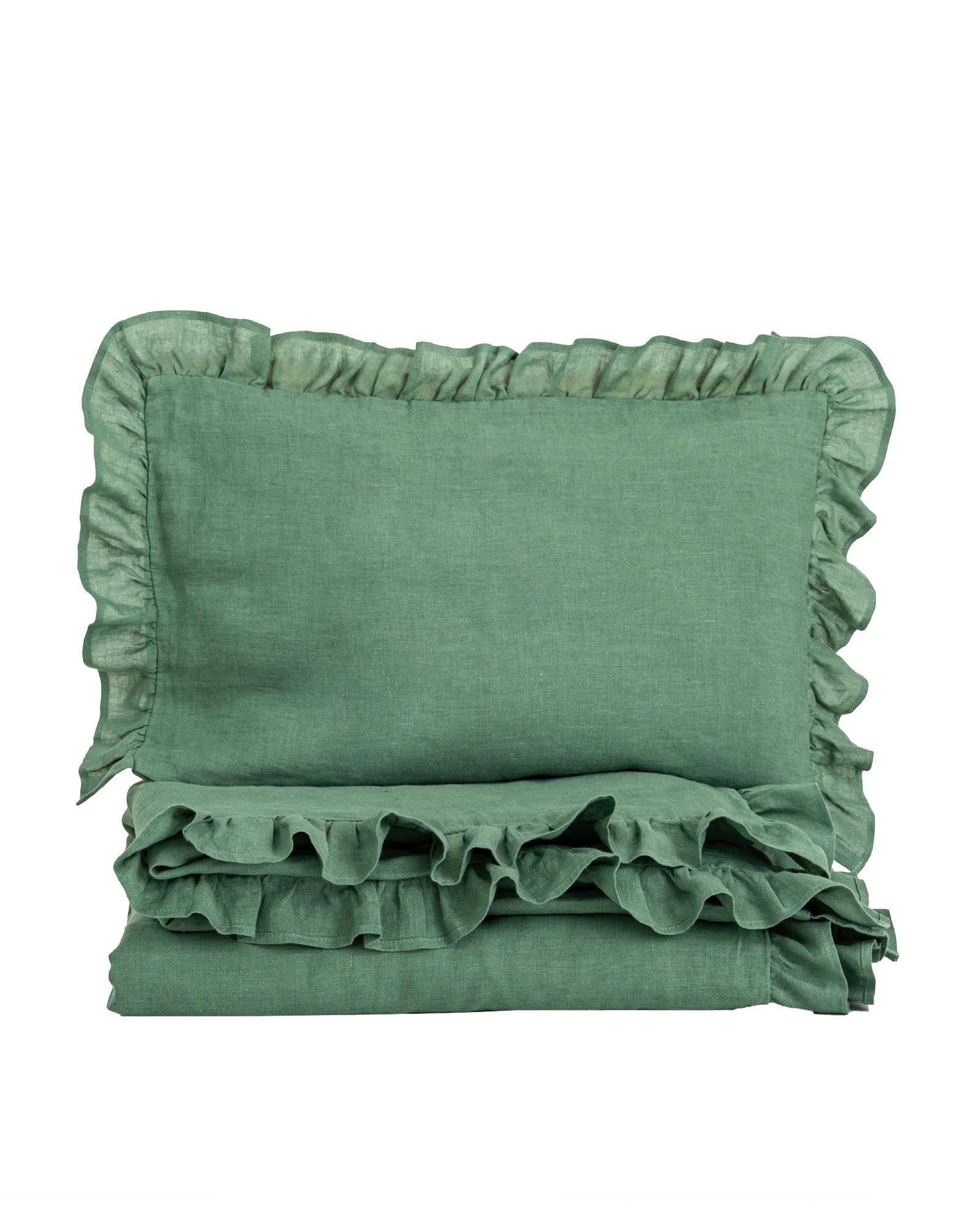 Linen Baby Bedding Set with Ruffle, Colour: Eucalyptus Green