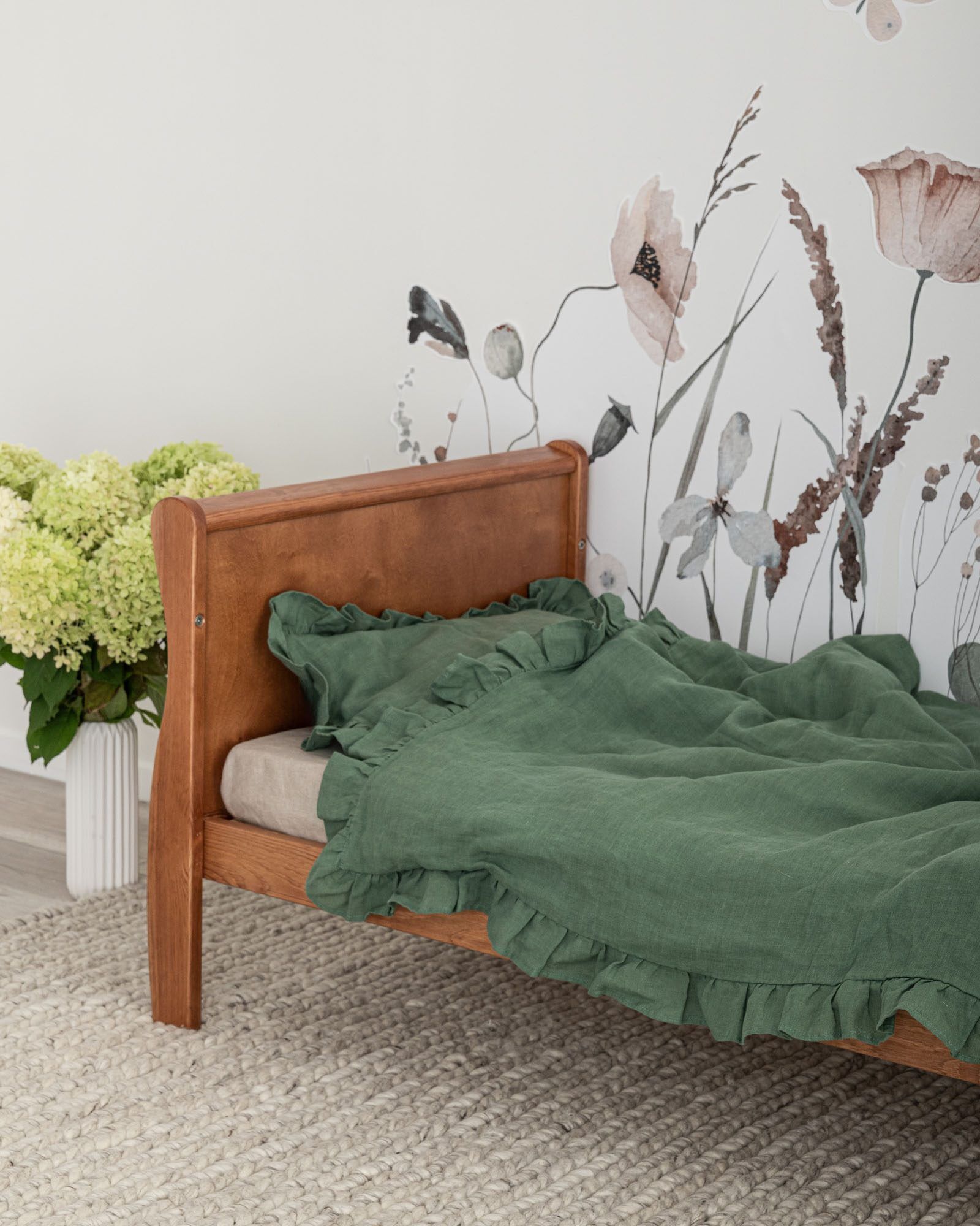 Linen Baby Bedding Set with Ruffle, Colour: Eucalyptus Green
