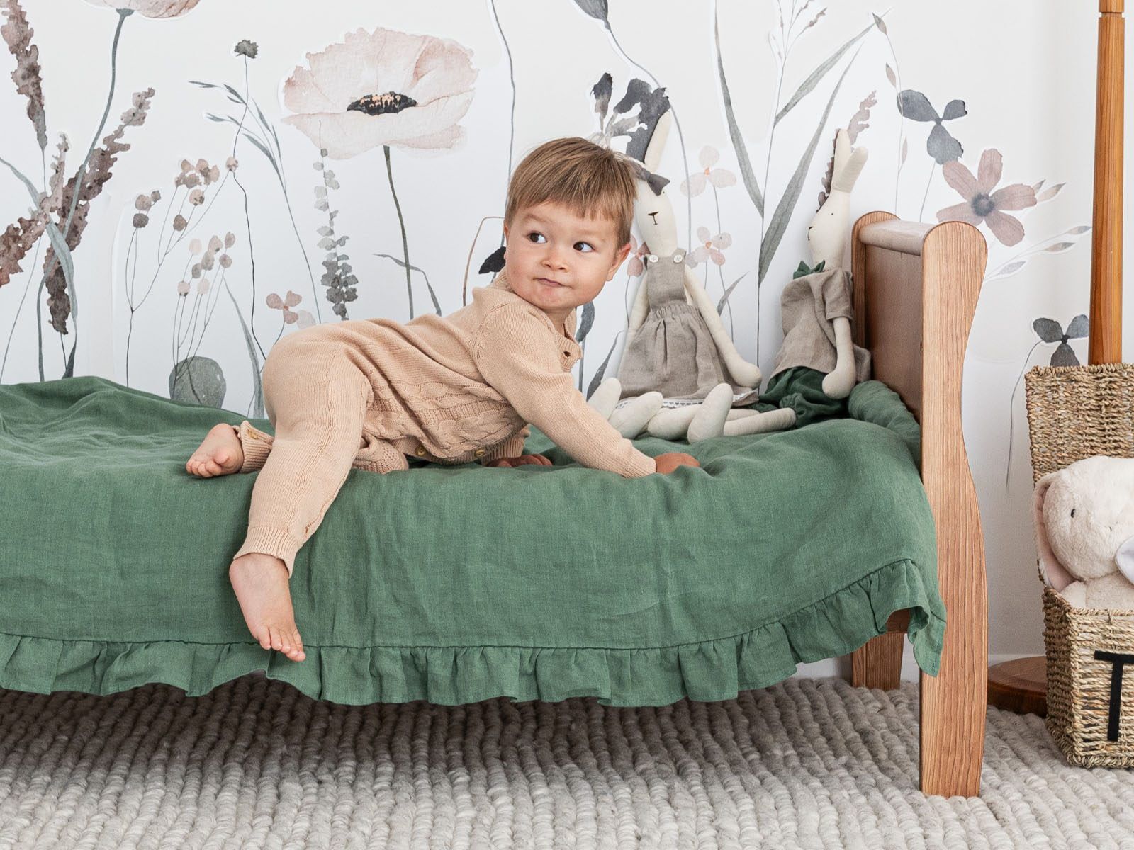 Linen Baby Bedding Set with Ruffle, Colour: Eucalyptus Green