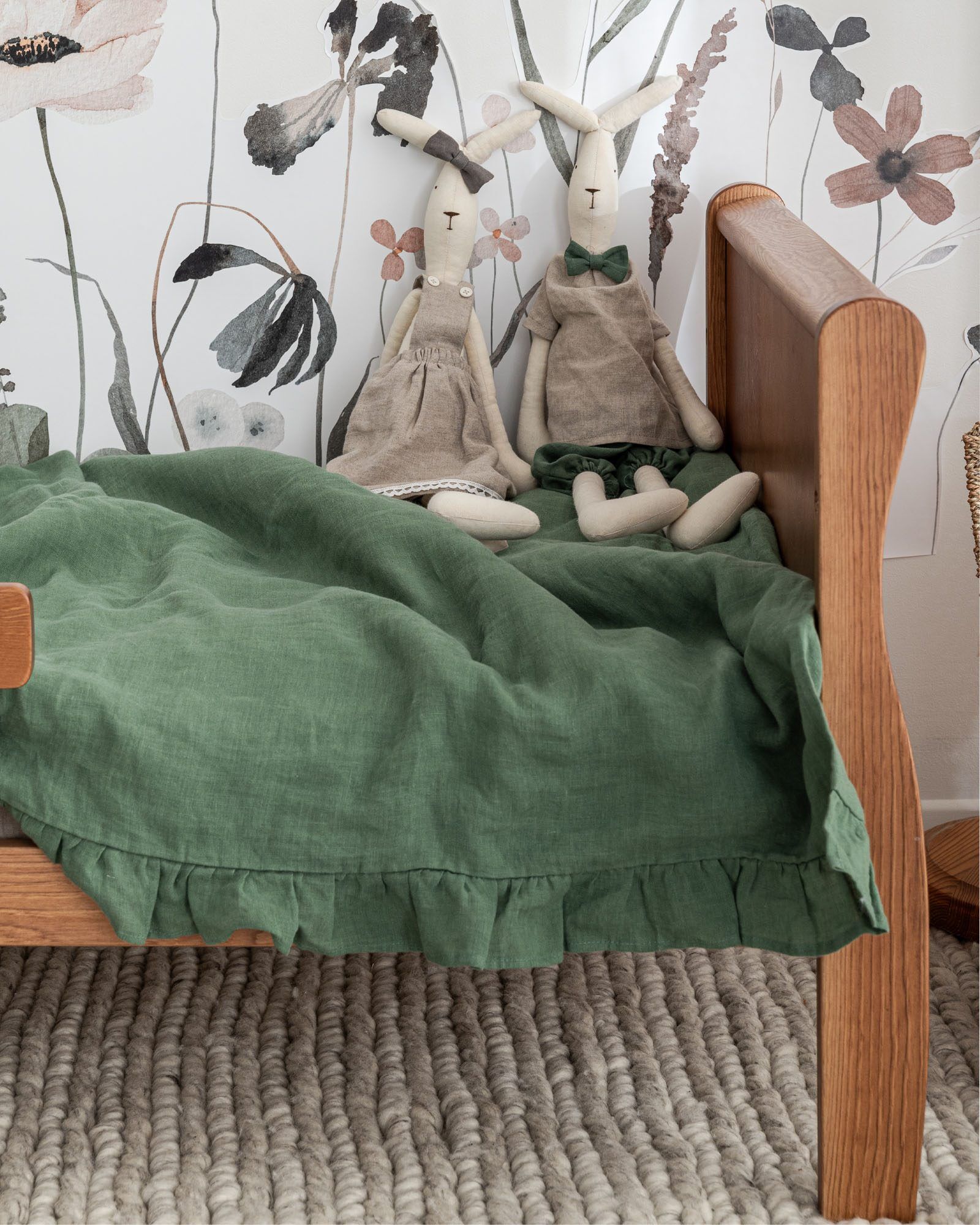 Linen Baby Bedding Set with Ruffle, Colour: Eucalyptus Green