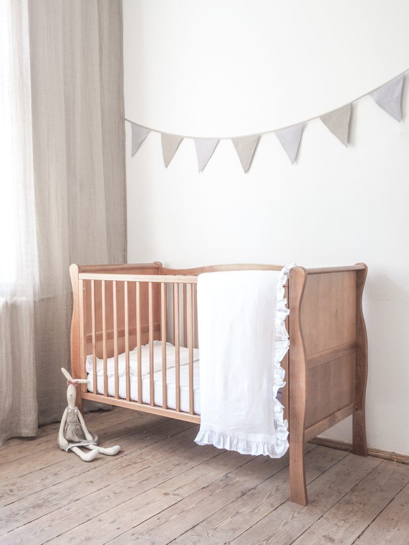 Linen Baby Bedding Set with Ruffle, Colour: Pure white