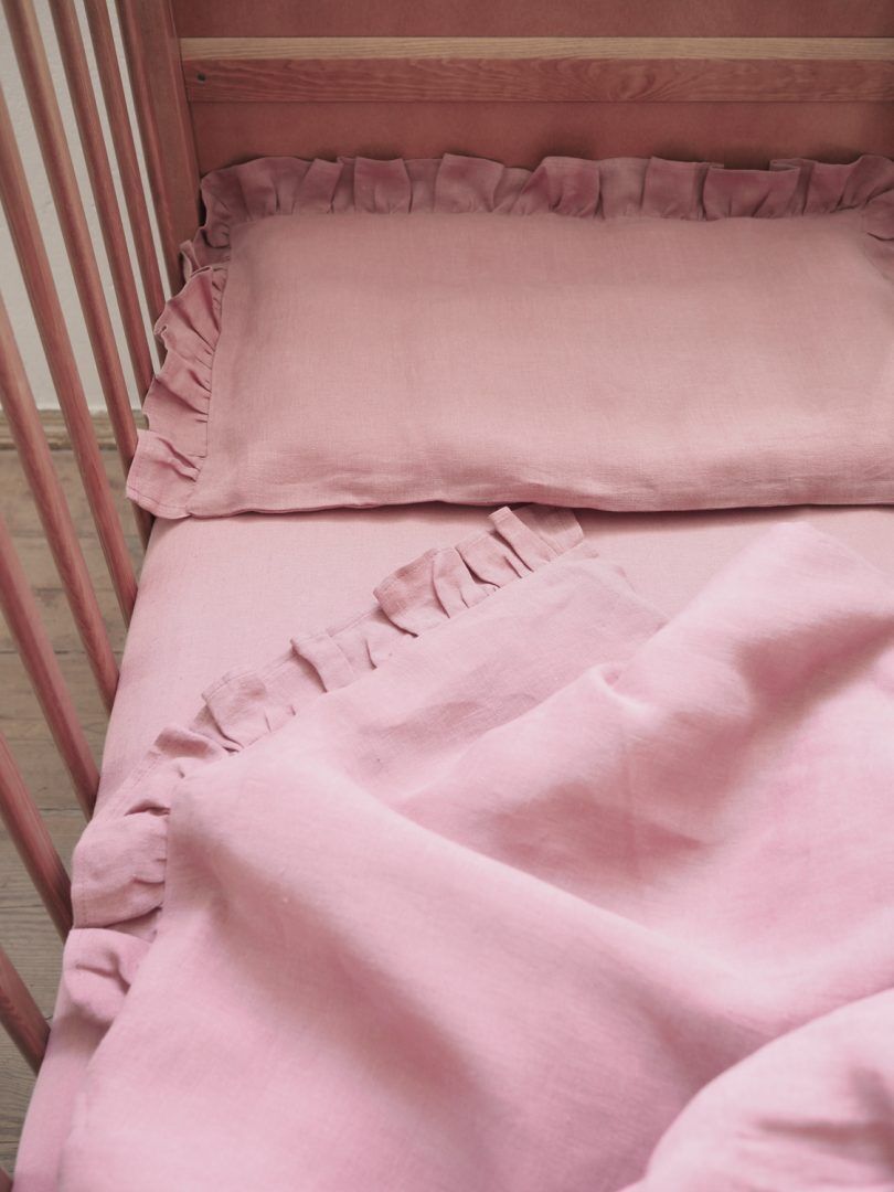 Linen Baby Bedding Set with Ruffle, Colour: Dusty pink