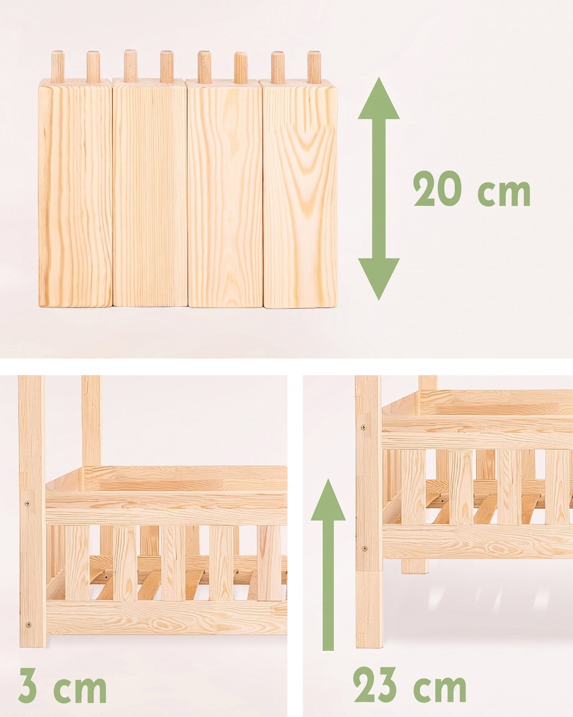 Comparison of the Meli floor bed with and without bed leg risers. On the left, the slatted frame is 3 cm above the floor; on the right, the bed is raised by 20 cm, with the slatted frame 23 cm above the floor.