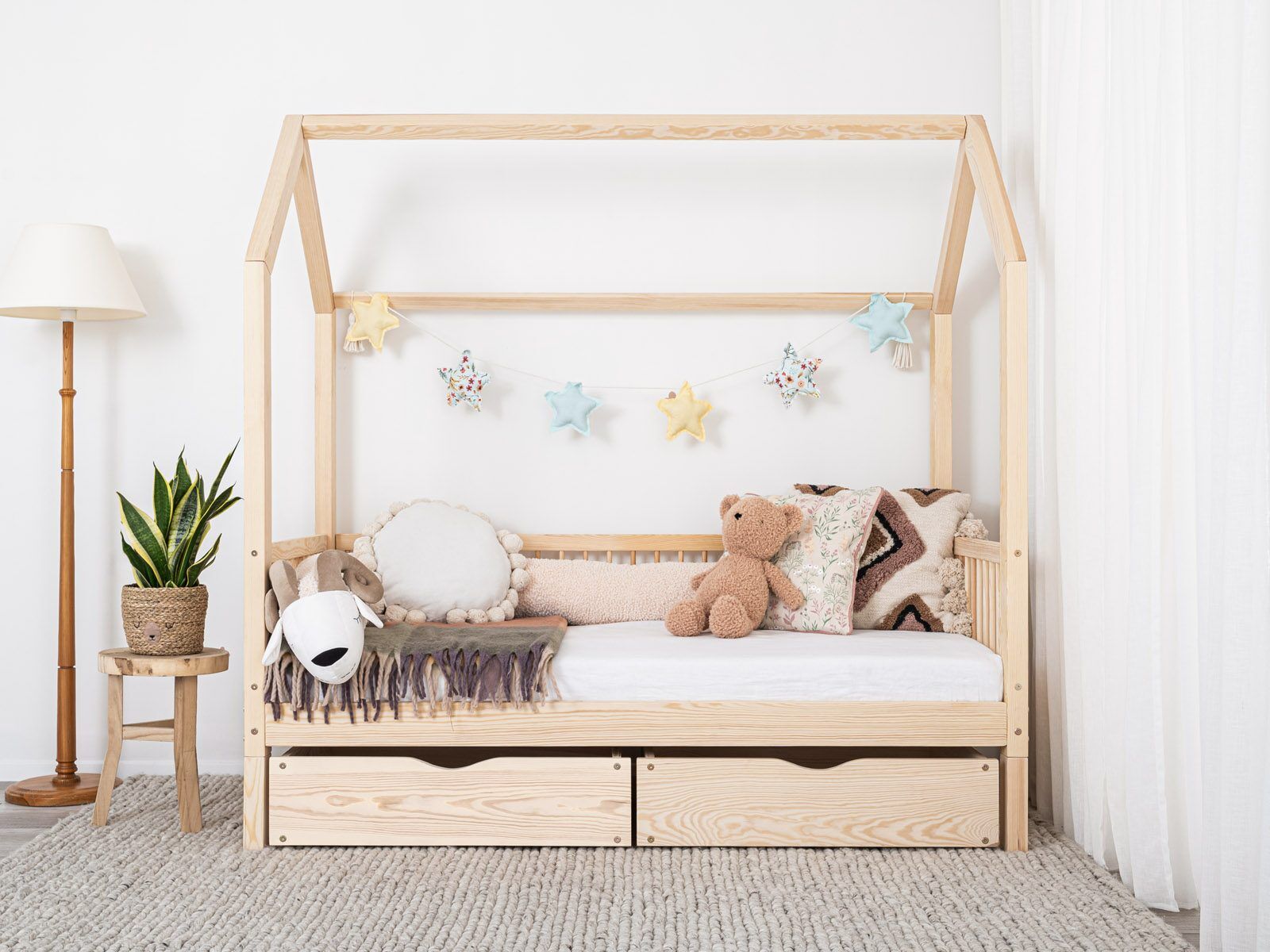 Montessori Kids Bed 4-in-1 – House Bed & Floor Bed – Classic, Drawer: Double, Railing: Yes-round, The Front Roof Beam: No, Chimney::No.