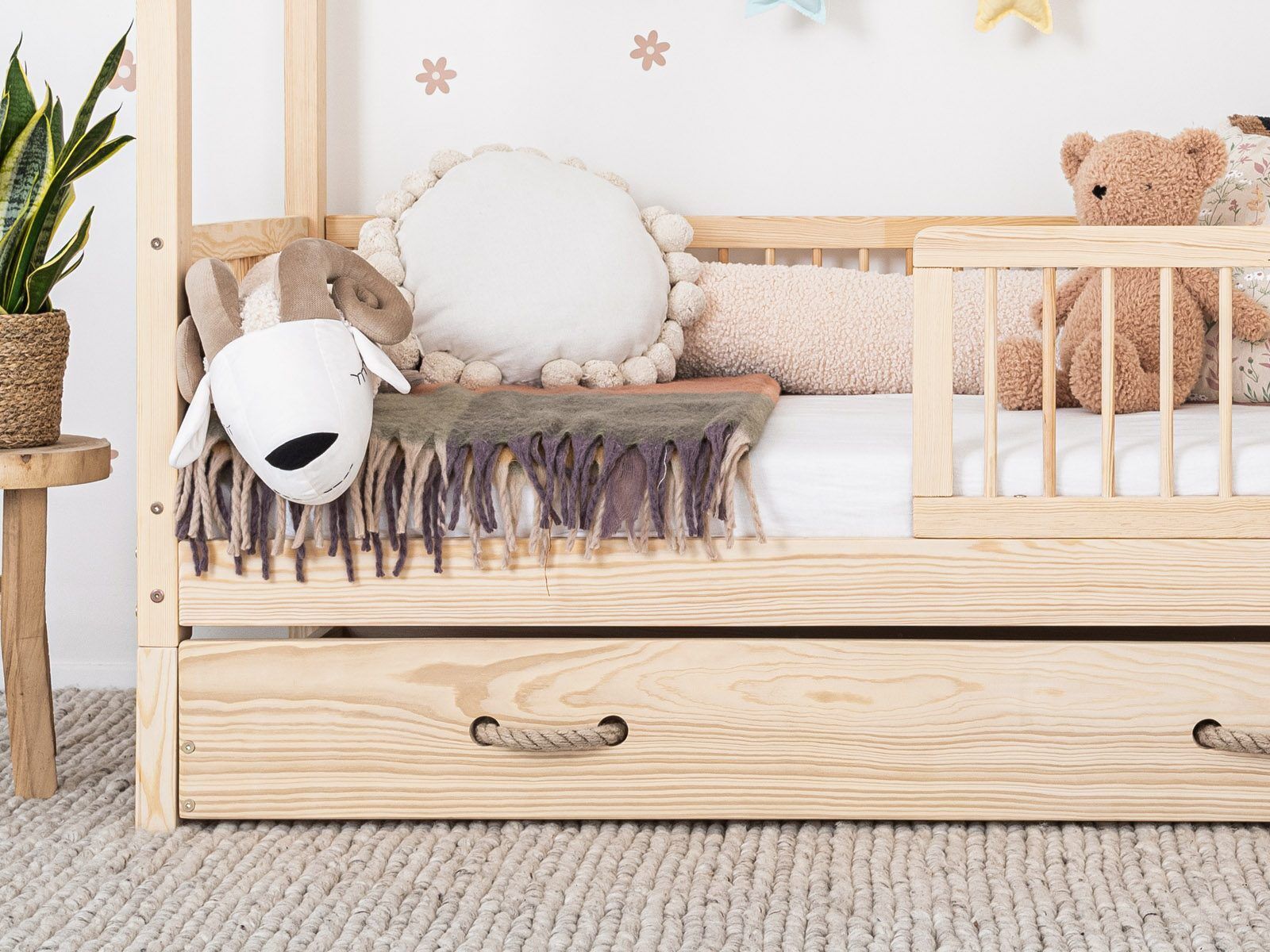 Montessori Kids Bed 4-in-1 – House Bed & Floor Bed – Classic, Drawer: with cord.