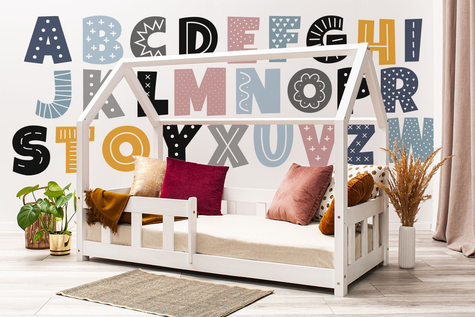 Wall stickers - Colourful Alphabet 2. Bed shown in this picture is 160x80cm.