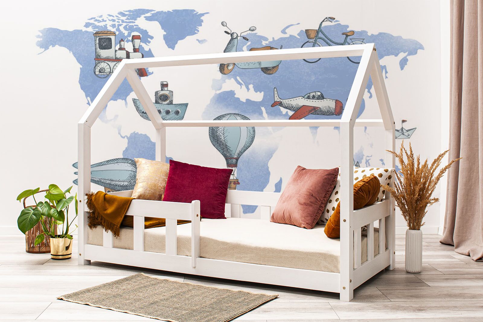 Wall stickers - Transportation map of the world XXL. Bed shown in this picture is 160x80cm.